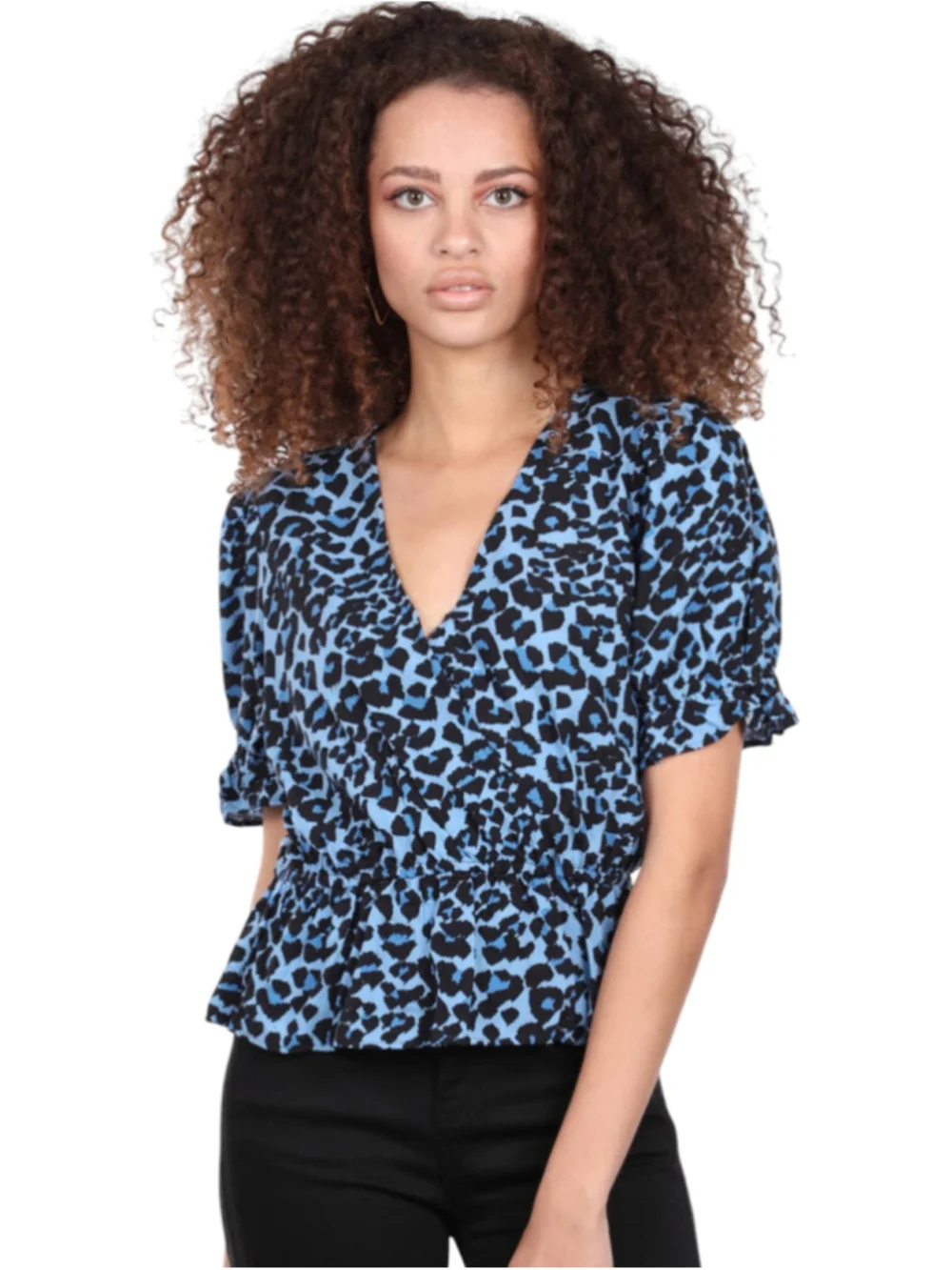 Banana Republic Wrap Front Blouse XS Blue Black Leopard Print